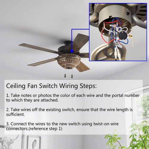 Ceiling Fan 3 Speed Switch With 4 Pre-Installed Wires - Zing Ear ZE-208s E89885 4 Wire Pull Chain Fan Light Replacement Part (Bronze Chain)