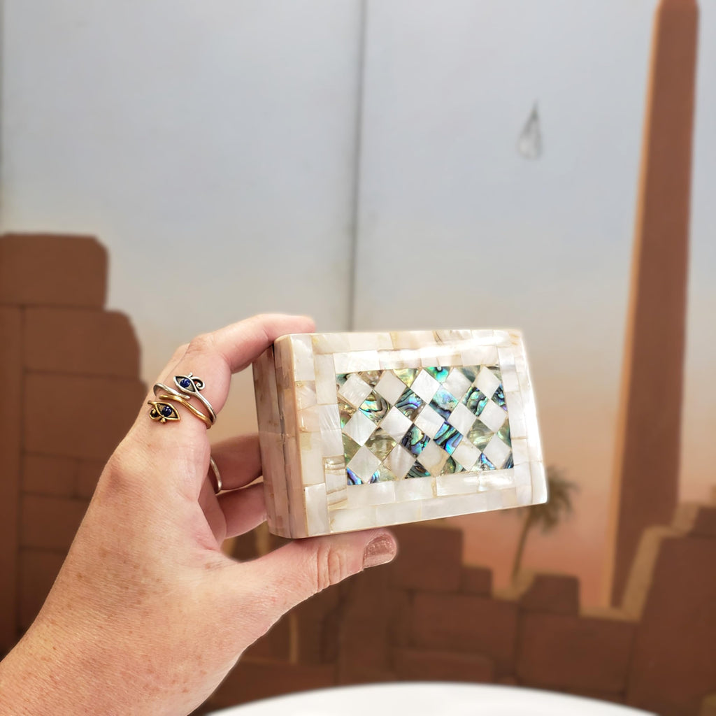 Egyptian Wooden Jewelry Box with Mother of Pearl Inlaid - White Rectangle Unique Gift Container - Arabesque Pattern Design - Velvet Lined - Made in Egypt