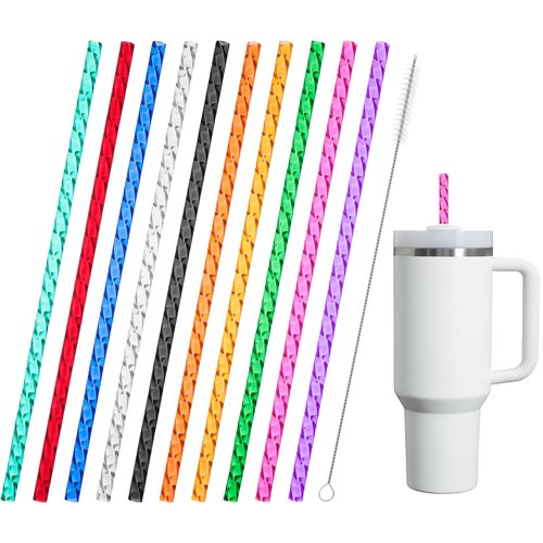 XANGNIER 10 Pack Replacement Swirl Straws for Stanley/Simple Modern 40/30 oz Tumbler,Shiny Crystal Plastic Straws Reusable,Tall Long Drinking Straws with Cleaning Brush for Stanley Cup Accessories
