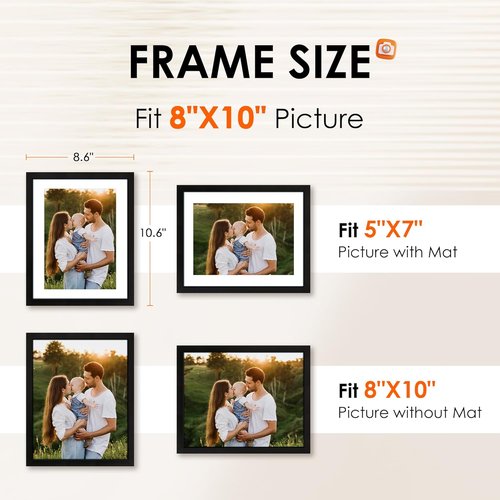 FIXSMITH 8x10 Picture Frame - HD Plexiglass for 5x7 with Mat or 8x10 Without Mat - Black Tabletop & Wall Display