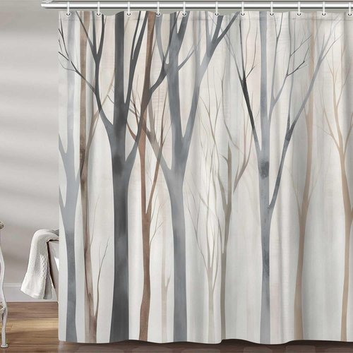 MERCHR Brown Grey Tree Fabric Shower Curtain, Art Style Abstract Birch Forest Rustic Wood Polyester Fabric Waterproof Bath Curtain, Farmhouse Bathroom Shower Curtains with Hooks 72X72 Inch