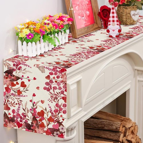 RABUSOFA Valentine's Table Runner, Pink Love Floral Anniversary Wedding Kitchen Dining Table Decoration for Home Party Decor 13x72 Inch Red Pink