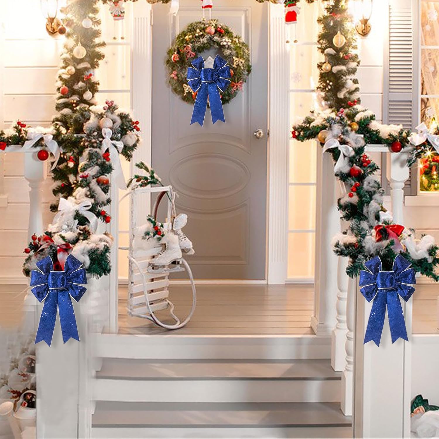 Threetols Vintage Blue Velvet Christmas Wreath Bows - 2pcs Navy Glitter Decor for Indoor/Outdoor Use