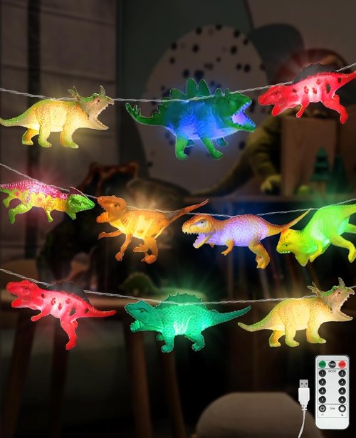 AceList Christmas Dinosaur String Lights 20 LED 10FT for Kids with Remote & USB, Realistic Looking Dino Lights for Birthday and Party Décor, Dinosaur Gifts for Toddlers, Boys, and Girls