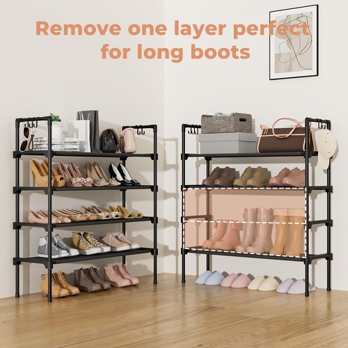 LANTEFUL 4 Tier Shoe Rack for Closet Shoe Organizer with 5 Hooks, Long Shoe Shelf Storage for Shoe and Boot Stackable Free Standing Shoe Rack for Entryway, Garage, Small Spaces, Dorm, Black