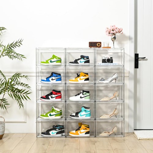 Uni HIMO Clear Shoe Organizer,Stackable Shoe Display Case,Shoe Box Storage Bins with Magnetic Door,Fit Shoe Size Up to US 14 (X-Large-1Pack)