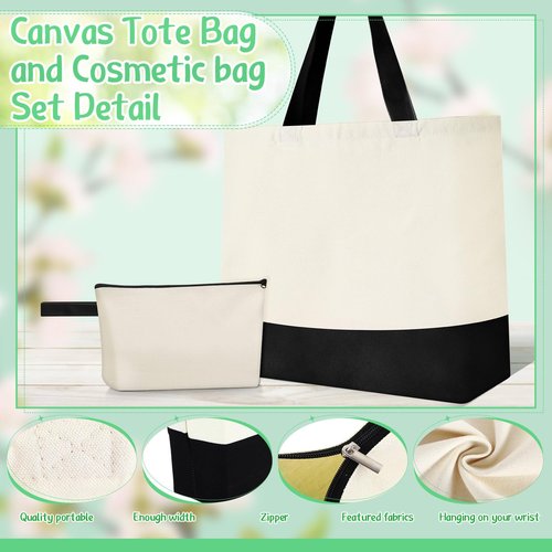 Sanwuta 24 Pcs Canvas Tote Bags Bulk with Zipper Cosmetic Bags 18.5" Cotton Canvas Bag with Handles Reusable Shopping Bags(Beige and Black)
