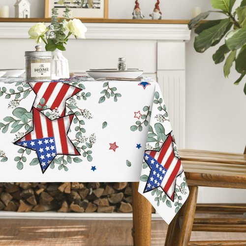 Horaldaily Tablecloth - 60x84 Inch Patriotic Eucalyptus Star Design for 4th of July Celebrations