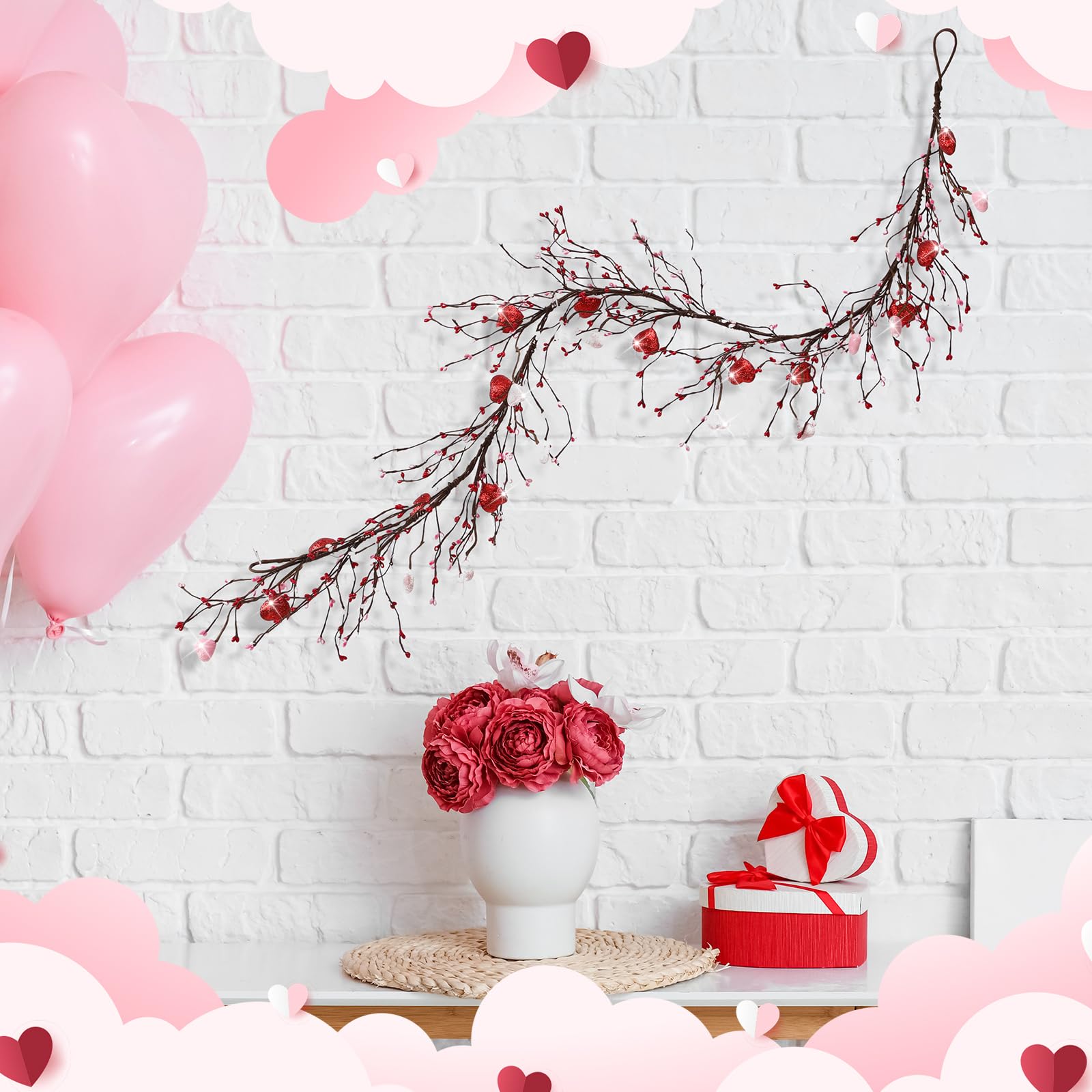 Yuxung Valentine's Day Glitter Garland with 30 Fairy Lights 4.5ft Pip Berry Cherry Blossom Garland LED Christmas Lights for Valentine's Day Wedding Party (Red, Pink)