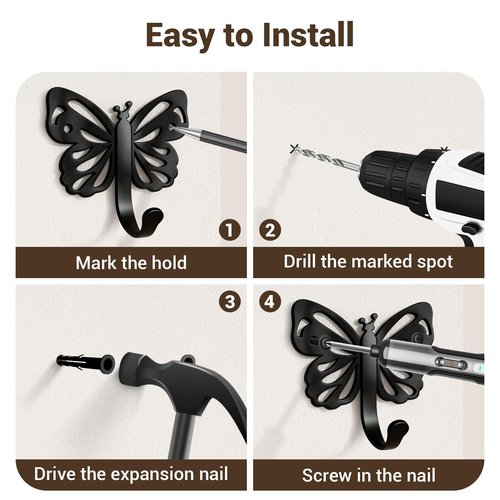 Midukit Butterfly Design Wall Hooks for Towel and Coat: 20LB Screw in Aesthetics Metal Hanger Wall Mount for Living Room, Bathroom, Kitchen, Bedroom for Coat, Bag, Scarf, Towel, Hat, Key, Cup, 3 Pack
