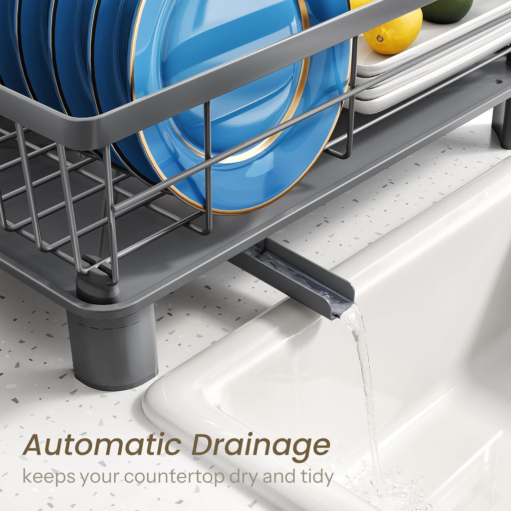 SNTD Dish Drying Rack - Stainless Steel Kitchen Dish Drainer with Utensil Holder | 11" W x 15" L (Grey)