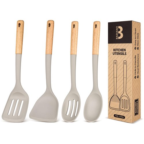 Silicone Cooking Utensils Set, Perfectly Angled for Frying, Mixing,Serving,Draining,Turning and Stirring, BPA-Free Matte Silicone, Wood Handles, Safe for Nonstick Cooking Surfaces,4 Pack (Khaki)