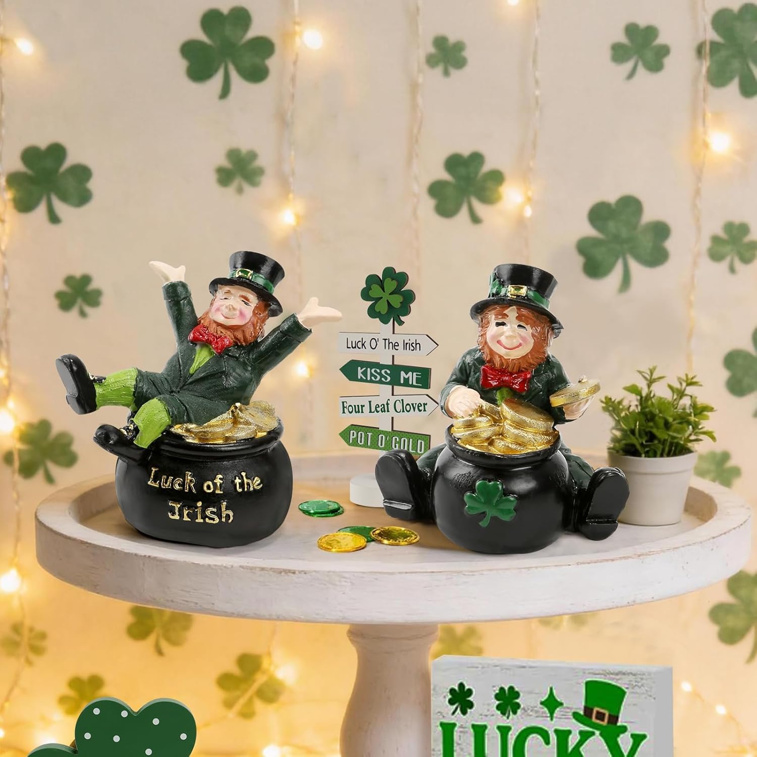 Regine Switzerland St. Patrick's Day Decorations - Set of 2 Leprechaun Figurines with Pot of Gold | Lucky Irish Home Decor