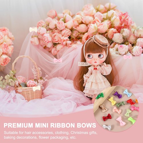 MECCANIXITY 100 Pcs Mini Ribbon Bow 0.8" Mini Fabric Satin Ribbon Flower Bows for Craft DIY Sewing Wedding Birthday Party, Black