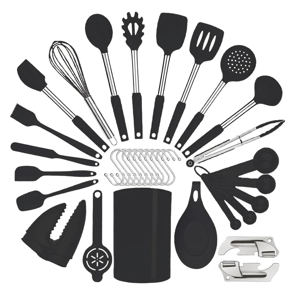 Silicone Kitchen Cooking Utensils Set with Stainless Steel Handle, Spatula Set Utensil Set, Cooking Utensil Set,Kitchen Tools Gadgets for Nonstick Cookware (35, Black)