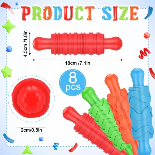 Aoriher 8 Pcs Play Clay Rollers for Kids Textured Rollers with Plastic Handles Play Clay Accessories Pattern Rolling Pins for DIY Art Signs Posters Craft Creations