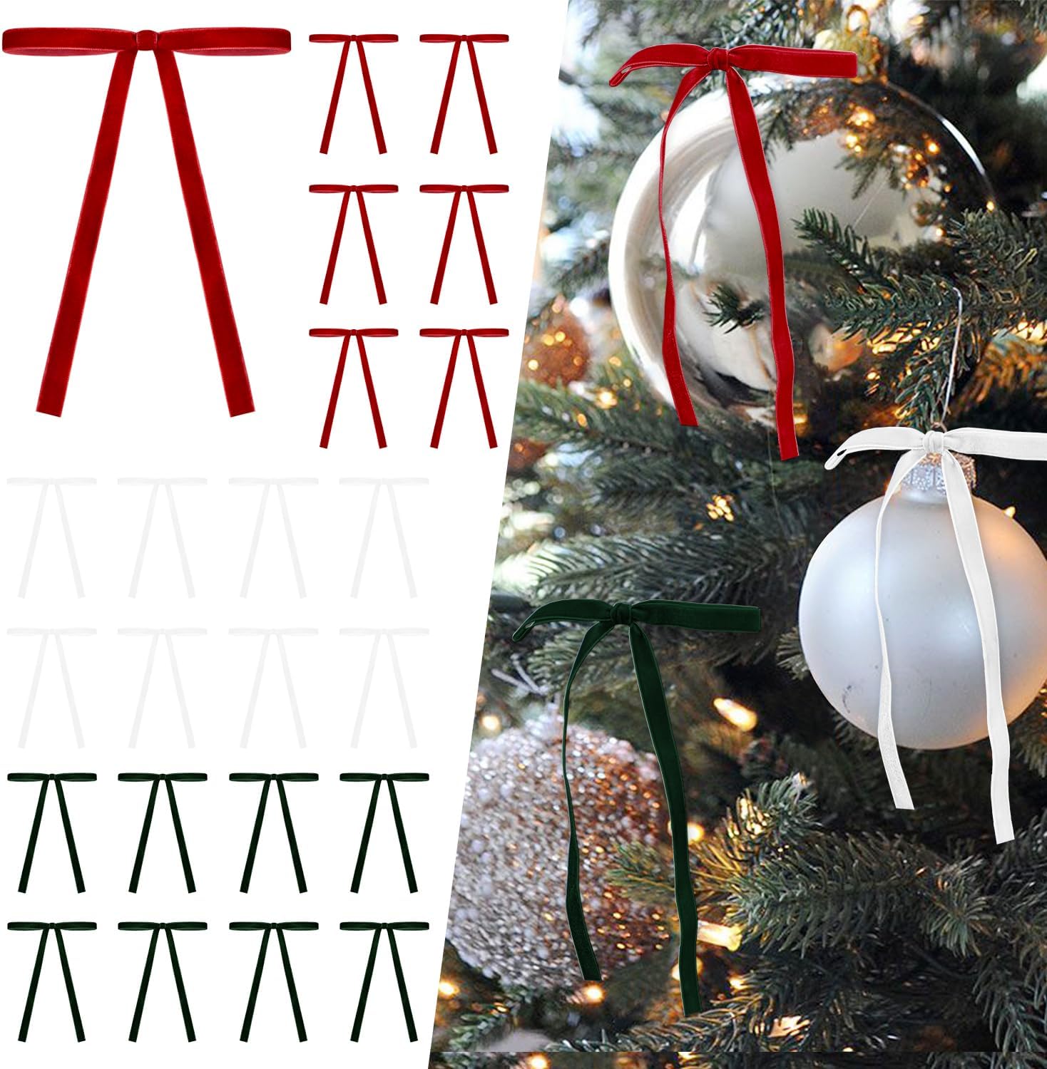 SIMISI Christmas Velvet Ribbon Bows - 24 Pcs Vintage Ornaments for Tree, Wreath, Garland (3/8'' Width)
