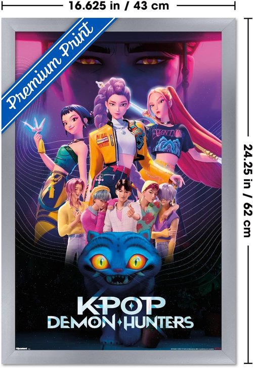 Netflix KPop Demon Hunters Wall Poster - Silver Framed, 22.4L x 14.7W for Stylish Decor