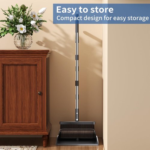 Broom with Dustpan Combo Set, Broom and Dustpan Set with 51.6" Long Handle & Two Broom Heads, Brooms with Dust Pan Teeth for Pet Hair, Indoor&Outdoor Sweeping, Home, Kitchen, Office