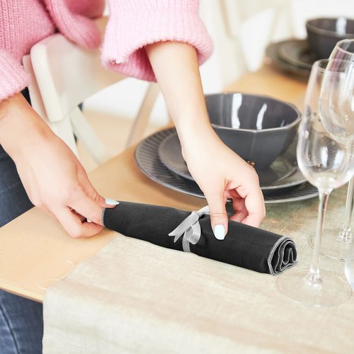 Hillban 18 Pcs Anti Tarnish Silver Storage Bags Silver Storage Cloth Felt Flatware Organizer Anti Tarnish Protector Bags Place Setting Roll with White Ribbon for Kitchen Cutlery (12 Slots,Black)