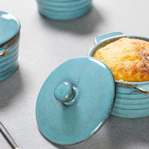 Creme Brulee Ramekins Set of 4 - 8 oz Oven Safe Bowls with Lids for Souffle & Pot Pie Baking | Reactive Blue