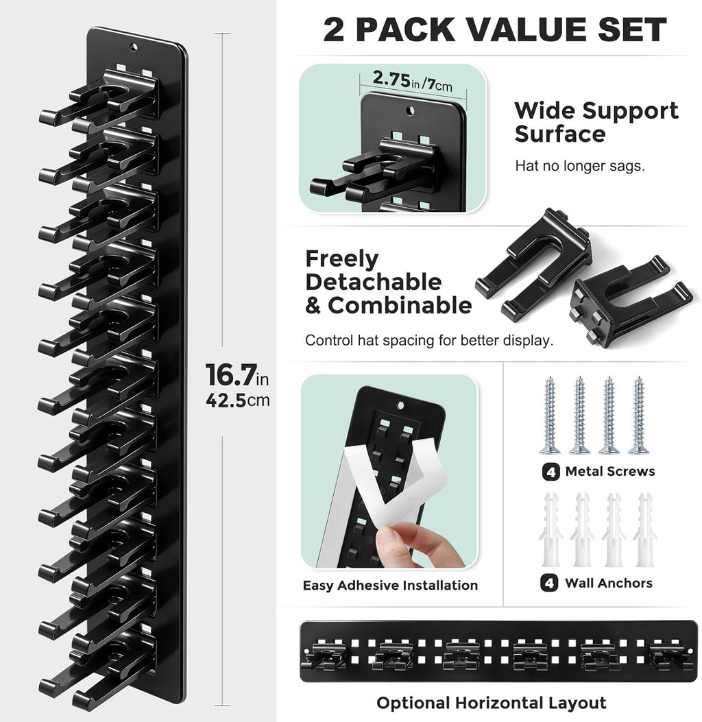 Skiennix Hat Organizer - 2 Pack Detachable DIY Rack Holds Up to 22 Baseball Caps | Black