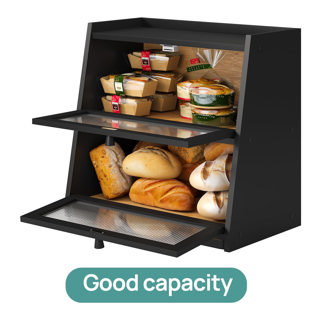 viewcare Bread Box for Kitchen Counter, Black Bread Box With Cutting Board, Bamboo Wood Large Capacity Bread Storage Bin with Acrylic Wavy Door Panel