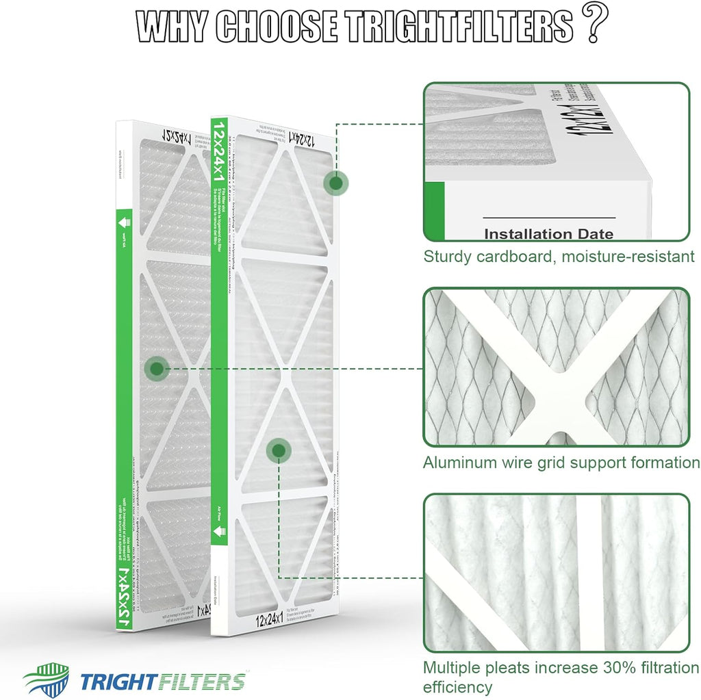 TRIGHTFILTERS 12x24x1 Air Filter - MERV 8 Pleated Dust Defense | 4-Pack Replacement for HVAC & AC Systems