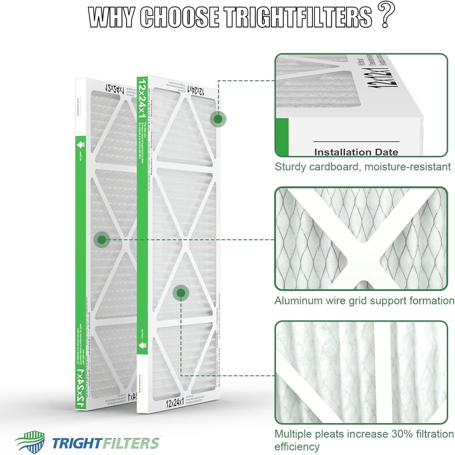 TRIGHTFILTERS 12x24x1 Air Filter - MERV 8 Pleated Dust Defense | 4-Pack Replacement for HVAC & AC Systems