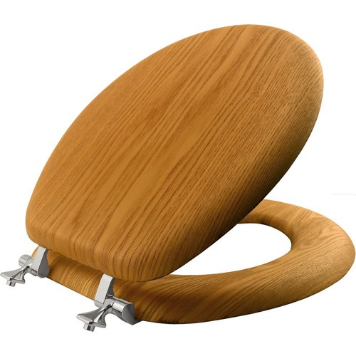 Mayfair Natural Oak Veneer Toilet Seat with Chrome Hinges, Round, Wood