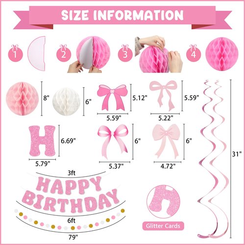Amandir Pink Birthday Decorations for Girls Women, Glitter Happy Birthday Banner with Honeycomb Balls, Bow Hanging Swirls Streamers, Circle Dots Garland, Coquette Party Decorations