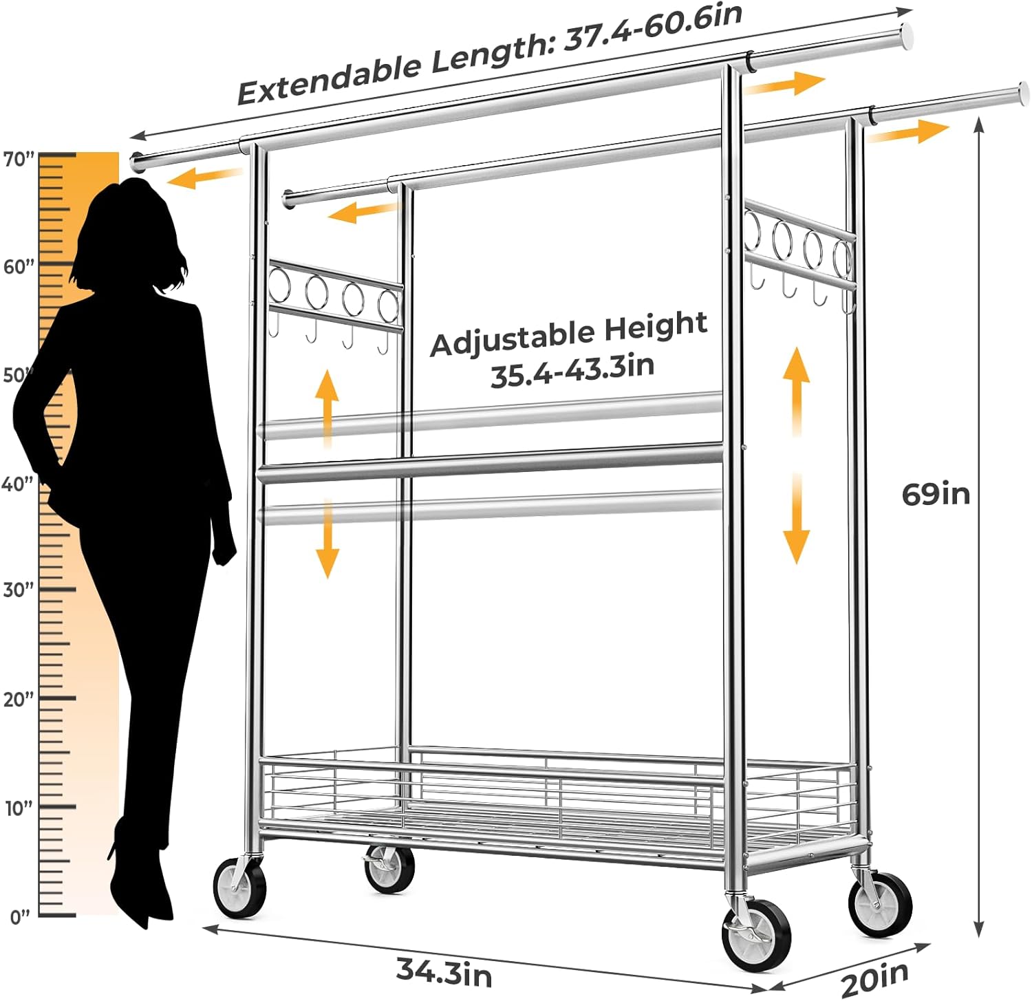 Regine Switzerland Heavy Duty Clothes Rack - 960LBS Capacity, Adjustable & Portable with Wheels, Silver