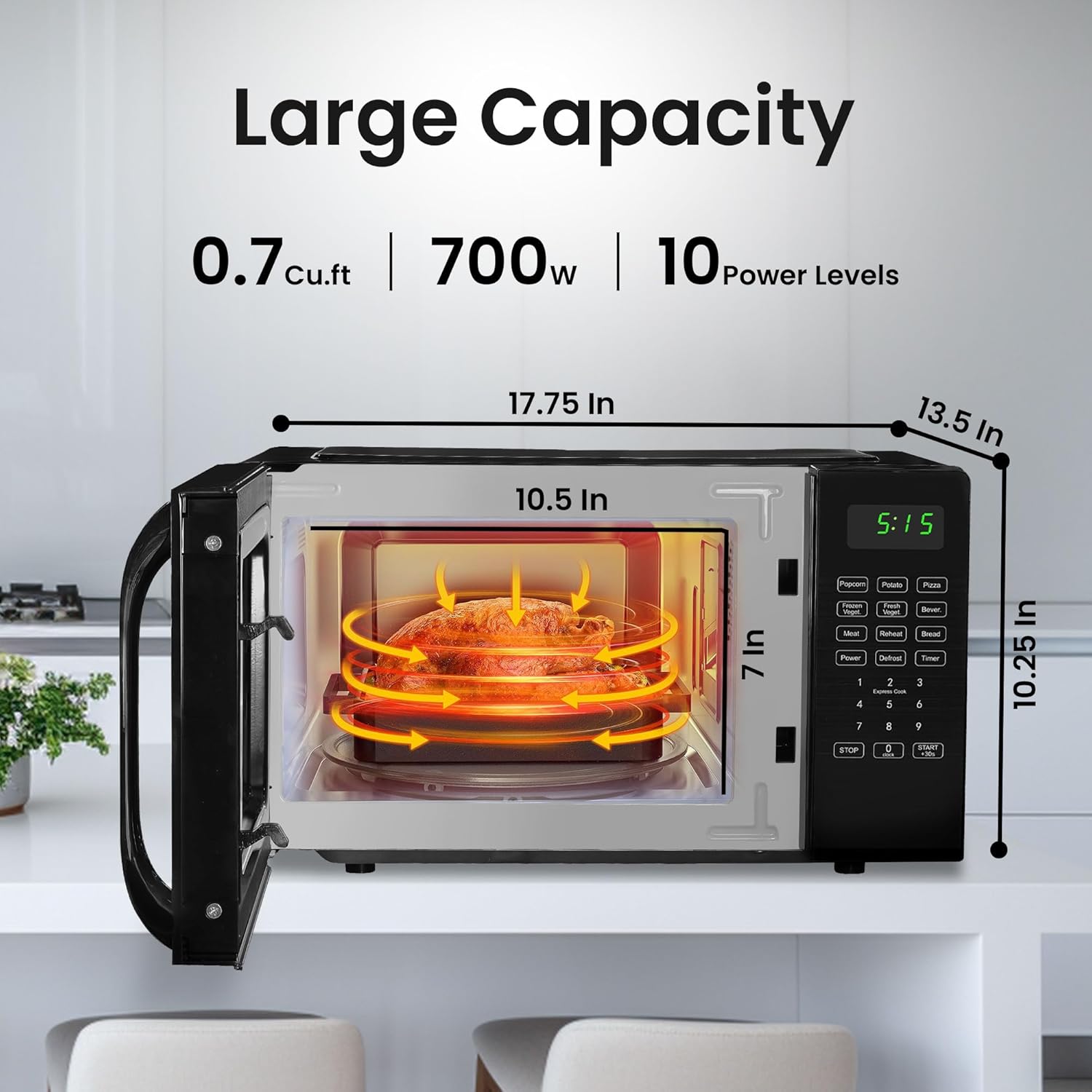 Skiennix 0.7 Cu Ft Microwave - Compact Black Mini Oven with Digital Display & Auto Defrost Function