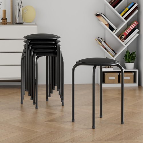 VECELO 6-Piece Stacking Stools, 17 Inch Standard Height, Padded Seat & Steel Legs, Portable Stackable Decoration Stools for School Classroom and Office Use, Black