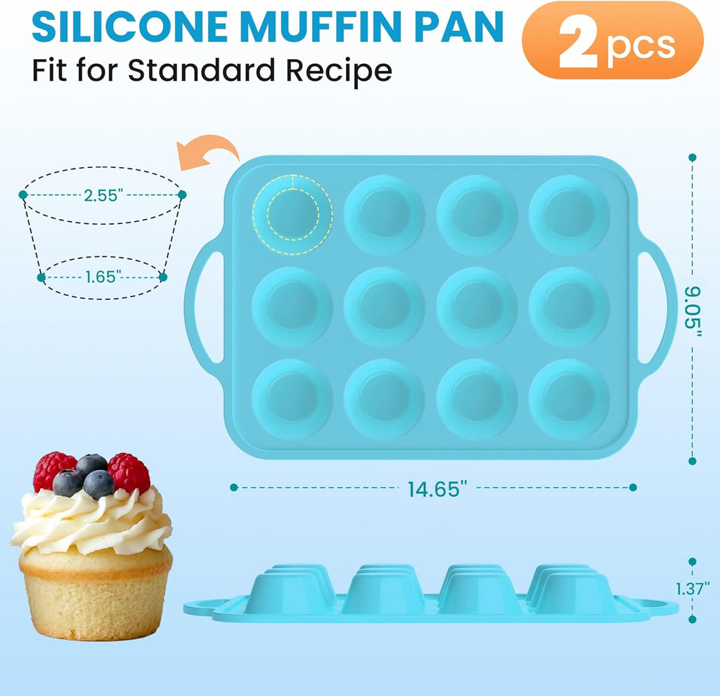 Skiennix Silicone Muffin Pan - 12-Cup Baking Tray with Metal Reinforced Frame, BPA Free - Blue