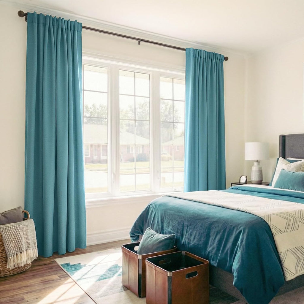 Skiennix 100% Blackout Linen Curtains - Thermal Insulated Drapes, 2 Panels Set, 50" W x 84" L, Dark Cyan