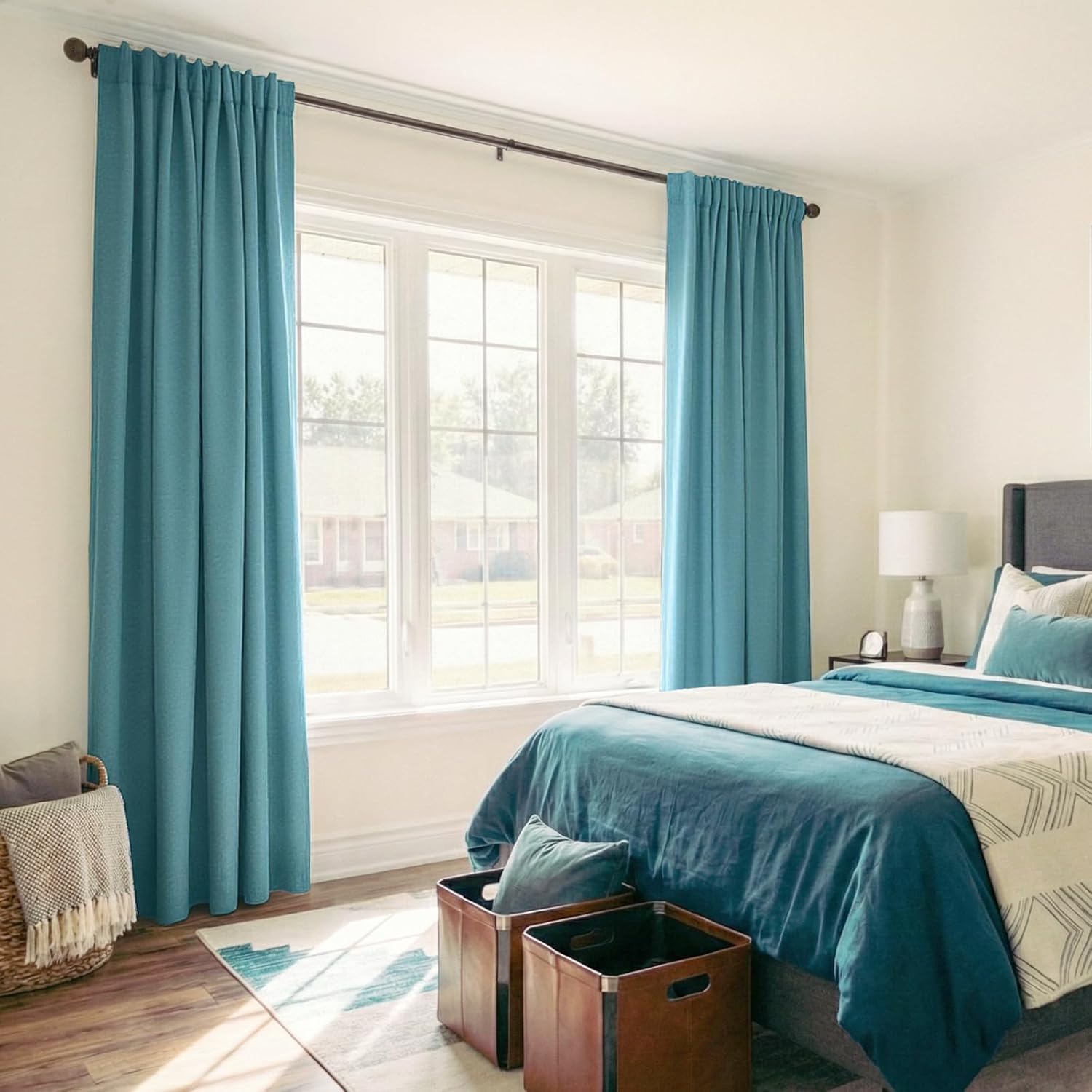 Skiennix 100% Blackout Linen Curtains - Thermal Insulated Drapes, 2 Panels Set, 50" W x 108" L, Dark Cyan