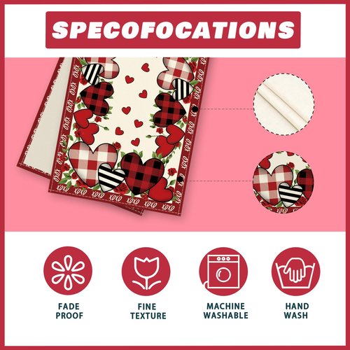 XCHI Buffalo Plaid Love Hearts Roses Flowers Valentine's Day Table Runner Table Decoration for Party Home Kitchen Dining Holiday Decor 13x90 Inch