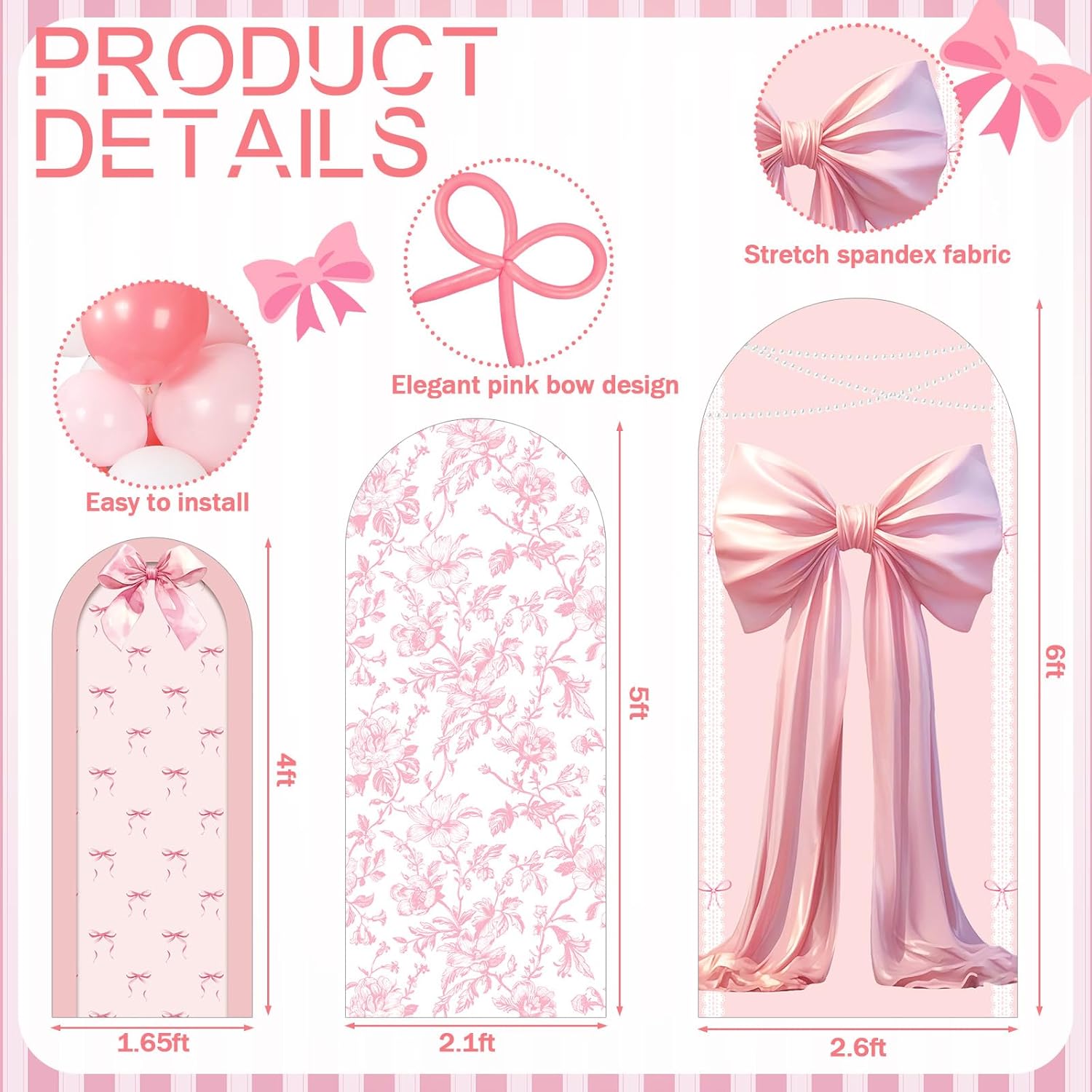 Soulchen Pink Bow Floral Arch Backdrop Set - 3 Covers with 200 Balloons for Wedding & Party Decor | 4/5/6 ft