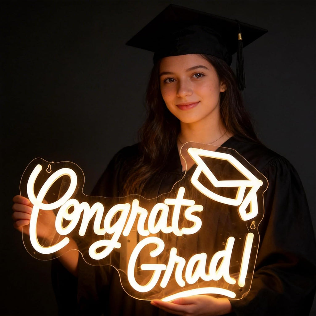 Skiennix Congrats Grad Neon Sign - Graduation Cap Design | 16"x11" Warm White LED Light for Class of 2026 Celebrations
