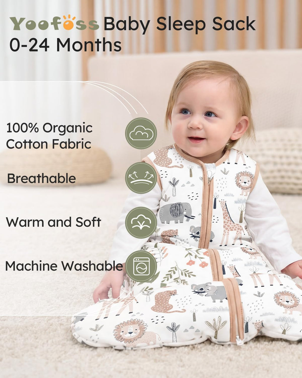 Yoofoss Baby Sleep Sack - 1.5 Tog Organic Cotton Wearable Blanket for 0-6 Months | Warm & Comfy