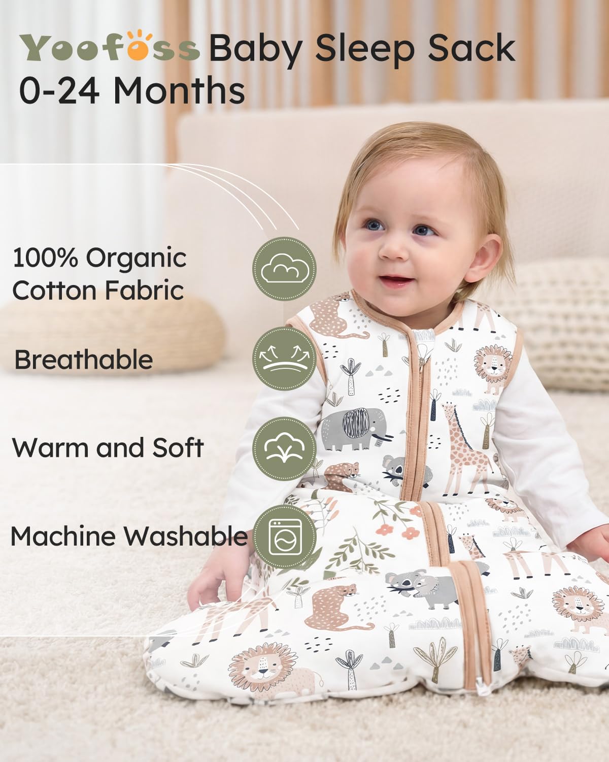 Yoofoss Baby Sleep Sack - 1.5 Tog Organic Cotton Wearable Blanket for 0-6 Months | Warm & Comfy