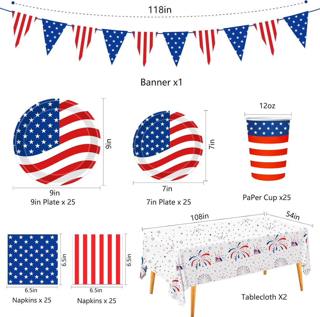 Patriotic Party Supplies | 4th of July Decorations Set with Plates, Napkins, Cups & Tablecloth for 25 Guests