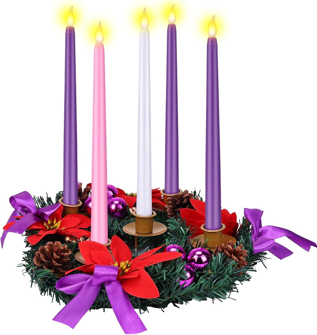 Skiennix 11-Inch Christmas Advent Wreath - 5 Flameless Taper Candles with Ribbon, Pine Cones & Poinsettias in Purple, Pink & White for Festive Table Decor
