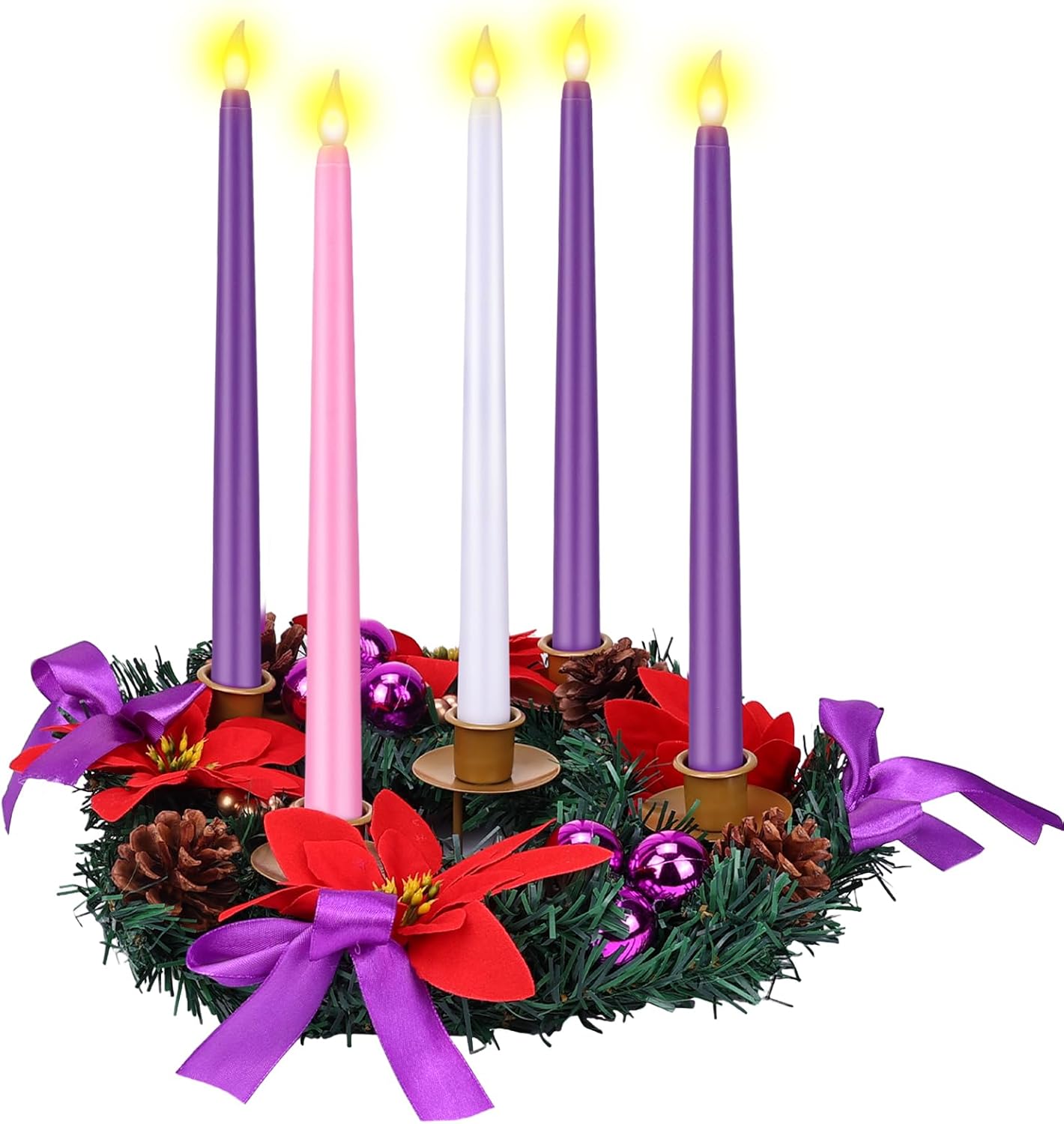 Skiennix 11-Inch Christmas Advent Wreath - 5 Flameless Taper Candles with Ribbon, Pine Cones & Poinsettias in Purple, Pink & White for Festive Table Decor