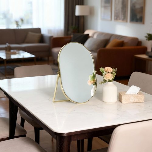 Feyarl Desk Vanity Mirror Gold Oval 12x8 Inch Tabletop Makeup Mirror Decorative Standing Cosmetic Table Mirror for Bedroom Bathroom Desk Dresser