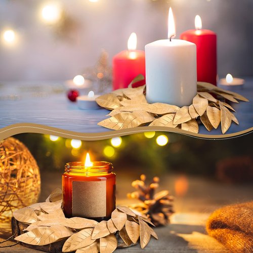Domensi 2 Pcs Christmas Artificial Gold Bay Leaf Candle Rings Gold Bayleaf Candleholders Wreath for Pillar Candles 3.9 Inch Candles Holder for Christmas Rustic Table Centerpiece Decor