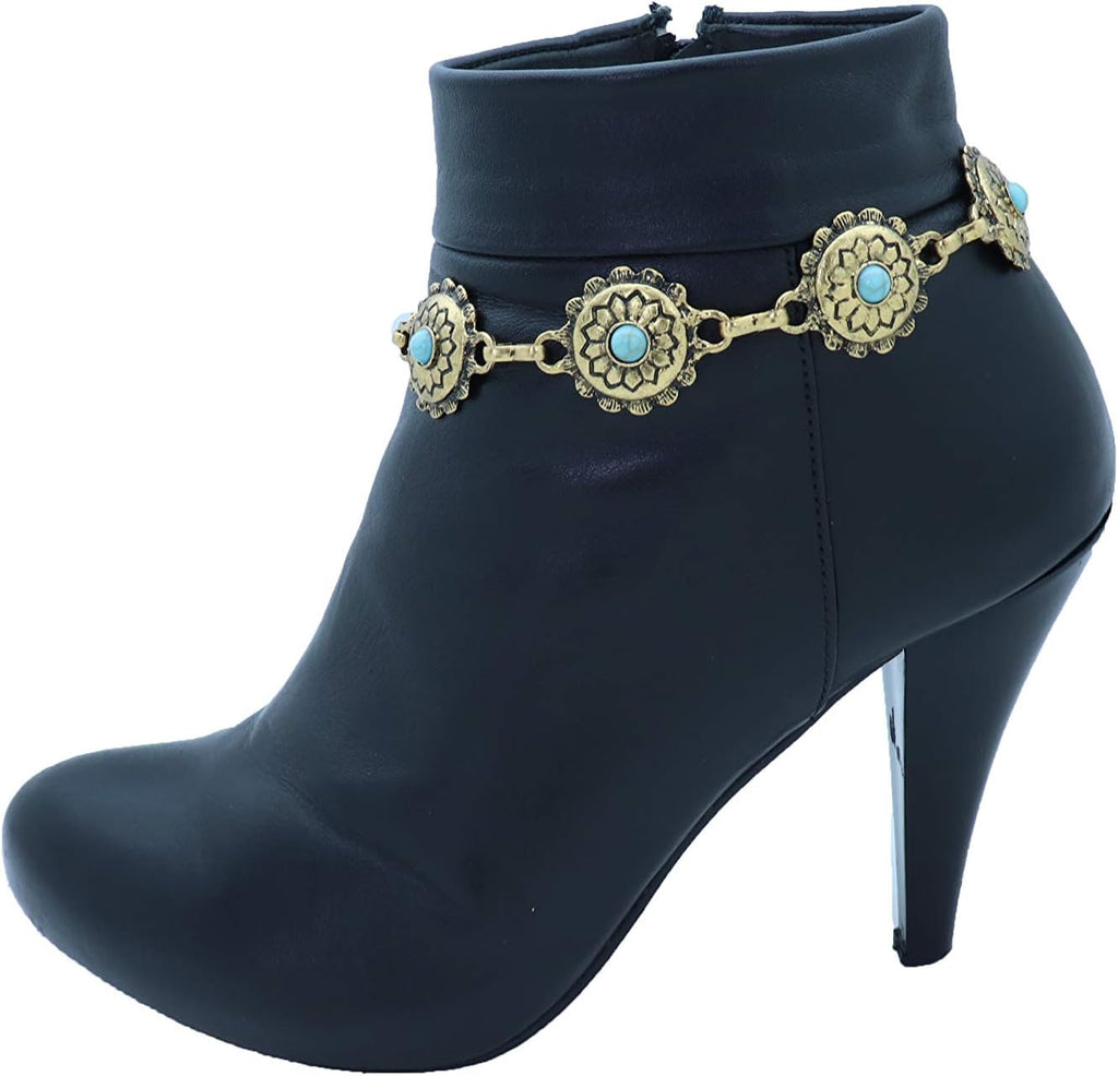 Skiennix Antique Metal Boot Chain Anklet - Western Fashion Jewelry with Turquoise Blue Beads