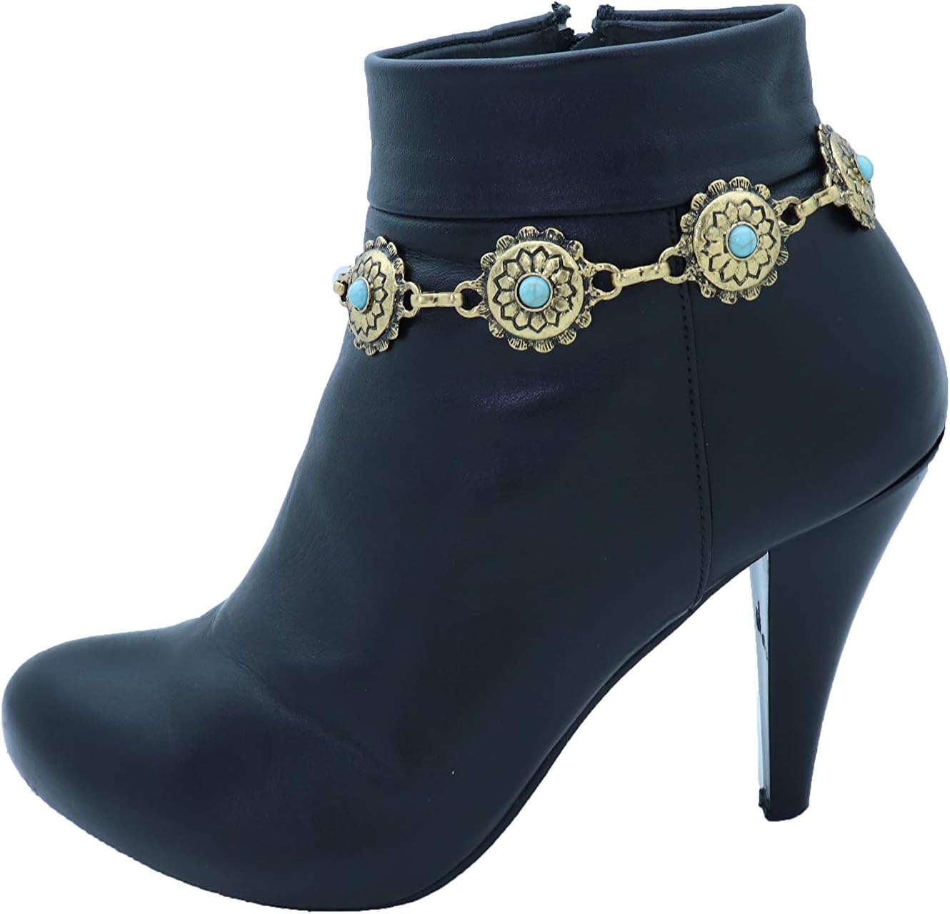Skiennix Antique Metal Boot Chain Anklet - Western Fashion Jewelry with Turquoise Blue Beads