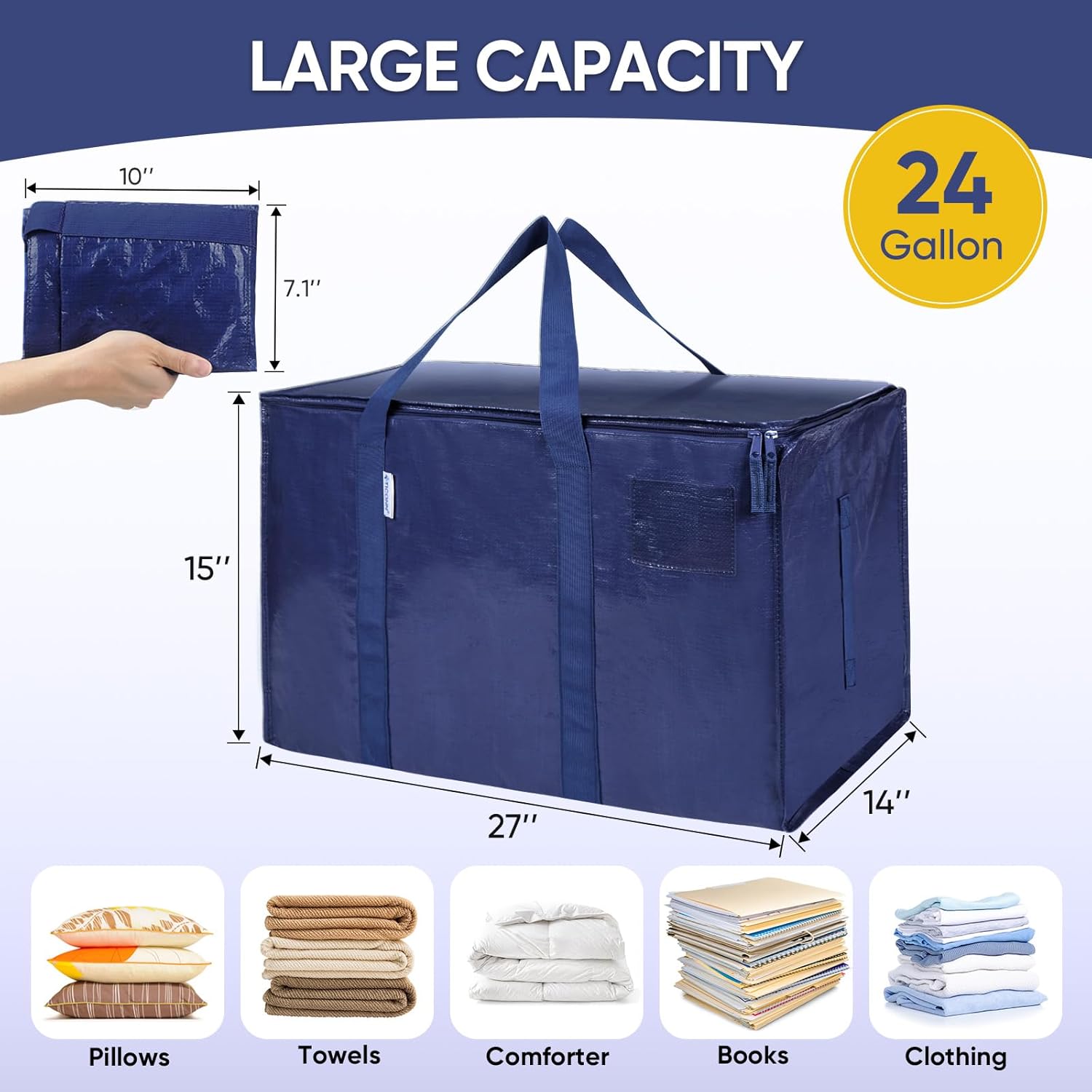 TICONN Extra Large Moving Bags - Heavy Duty Storage with Zippers & Handles | 6 Pack, Navy